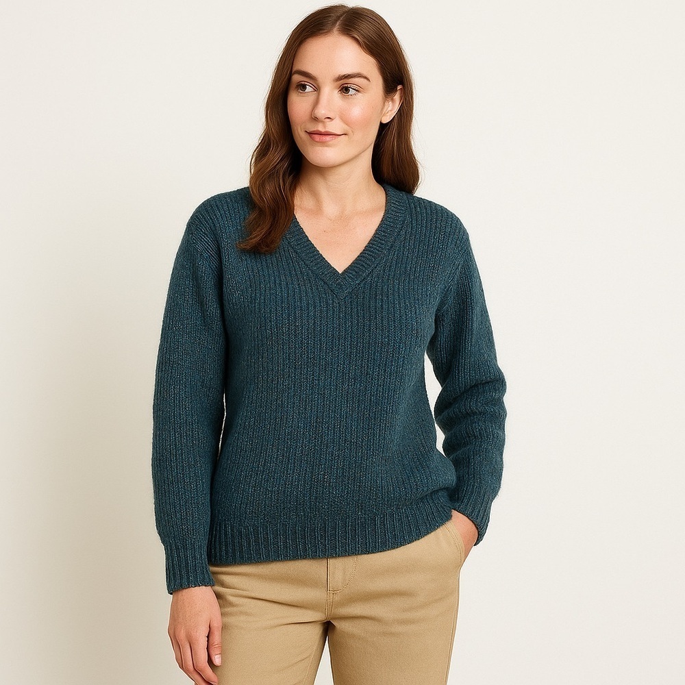 The Eagle’s Eye Shetland Wool V-Neck Sweater Rib Knit Vintage Academia Blue Med